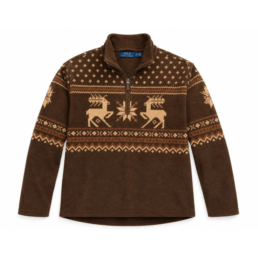 New Polo Ralph Lauren Men XXL Brown Reindeer Fair Isle Fleece 1/4 Zip Pullover